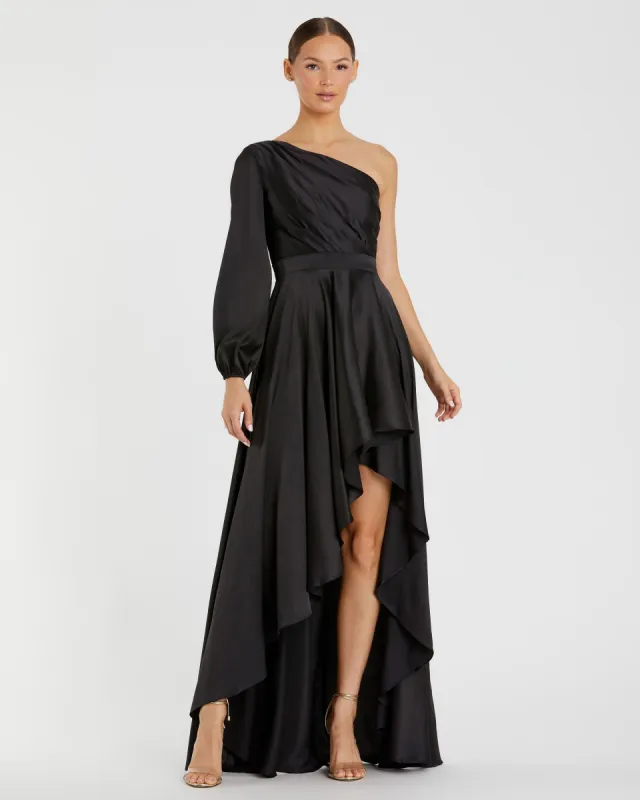 Black Long Sleeve One Shoulder Satin High Low A-line Gown - FINAL SALE sold by Mac Duggal