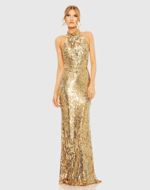 Gold Open Back High Neck Sequin Gown sold by Mac Duggal