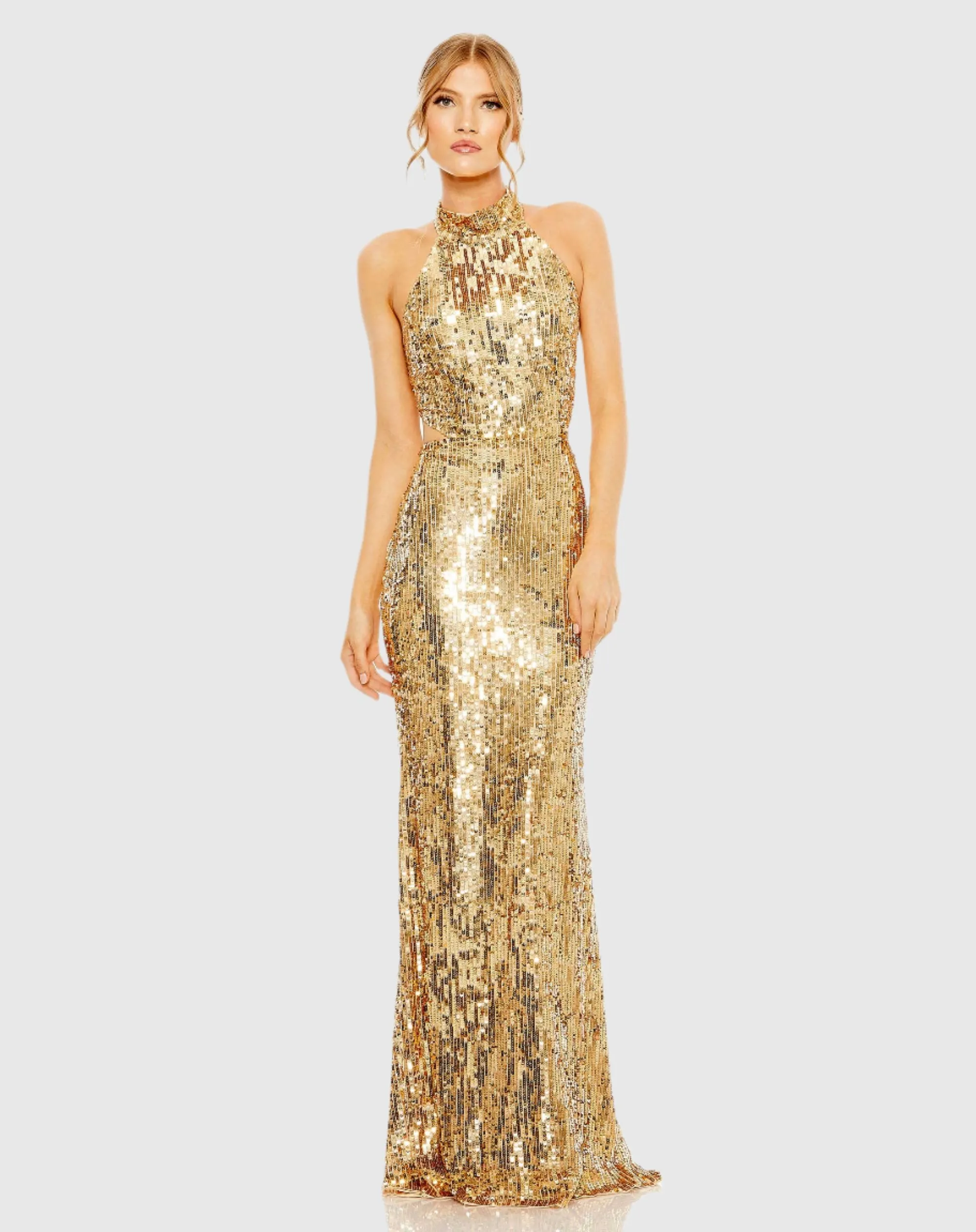 Gold Open Back High Neck Sequin Gown sold by Mac Duggal