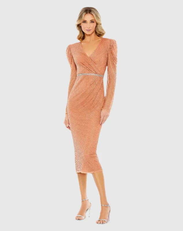 Orange Beaded Wrap Over Puff Sleeve Dress sold by Mac Duggal