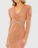 Orange Beaded Wrap Over Puff Sleeve Dress sold by Mac Duggal