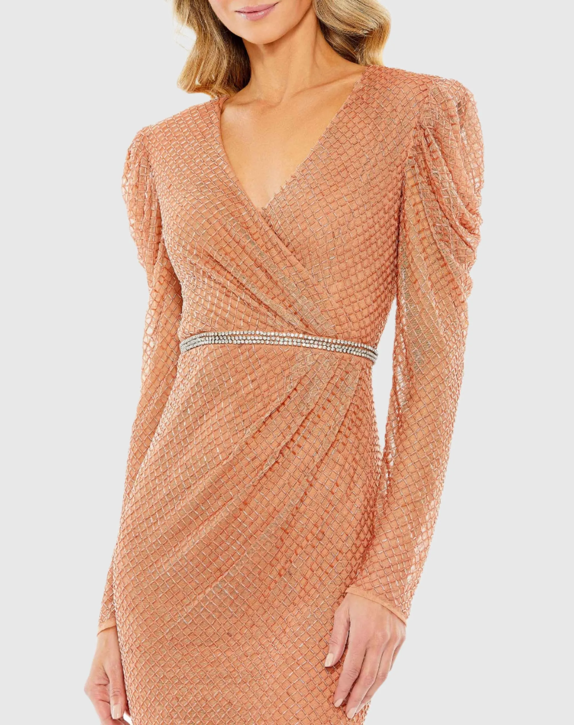 Orange Beaded Wrap Over Puff Sleeve Dress sold by Mac Duggal product image thumbnail 2