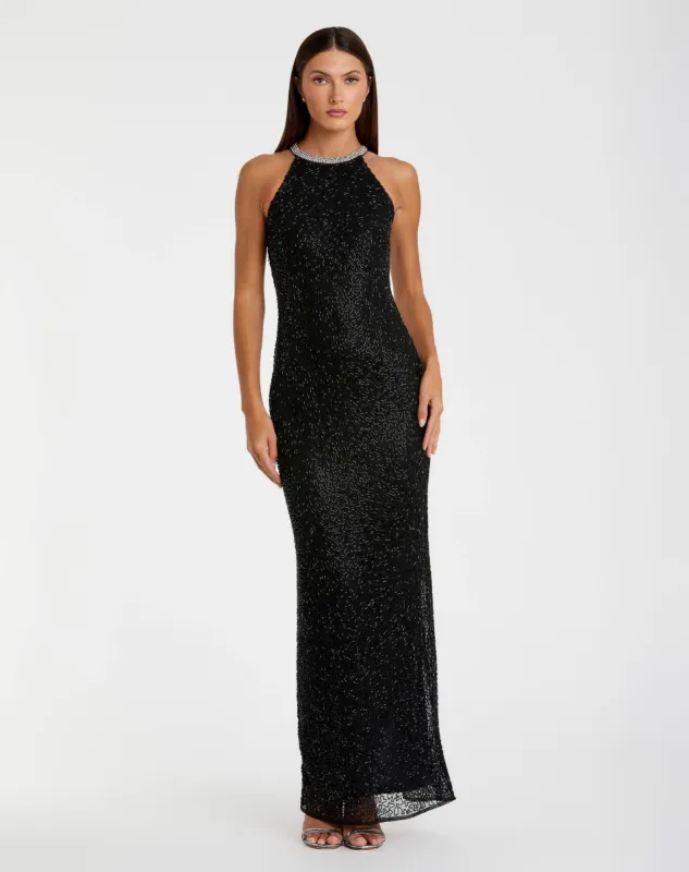 Black Beaded Sleeveless High Neck Column Gown sold by Mac Duggal