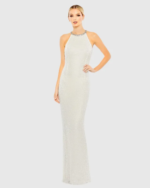 White Beaded Sleeveless High Neck Column Gown sold by Mac Duggal