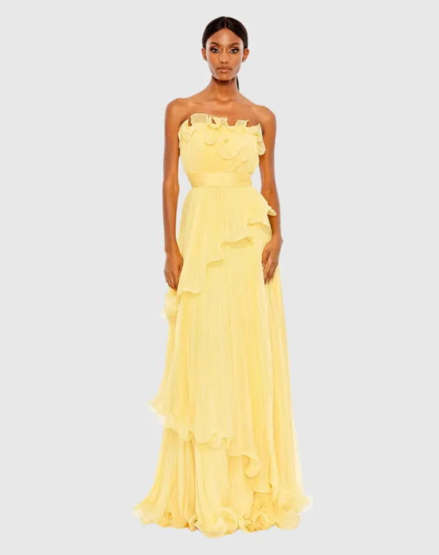 Yellow Pleated Tiered Ruffled Strapless Gown sold by Mac Duggal