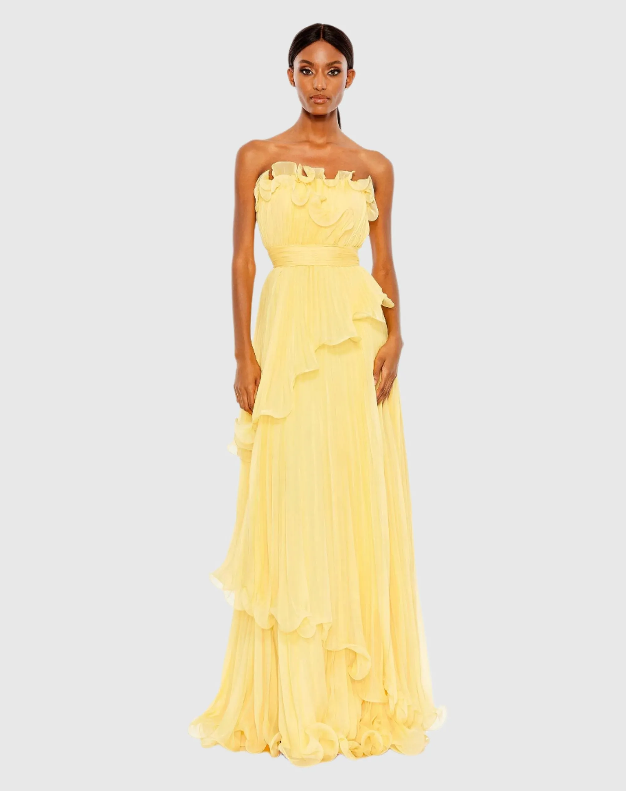 Yellow Pleated Tiered Ruffled Strapless Gown sold by Mac Duggal