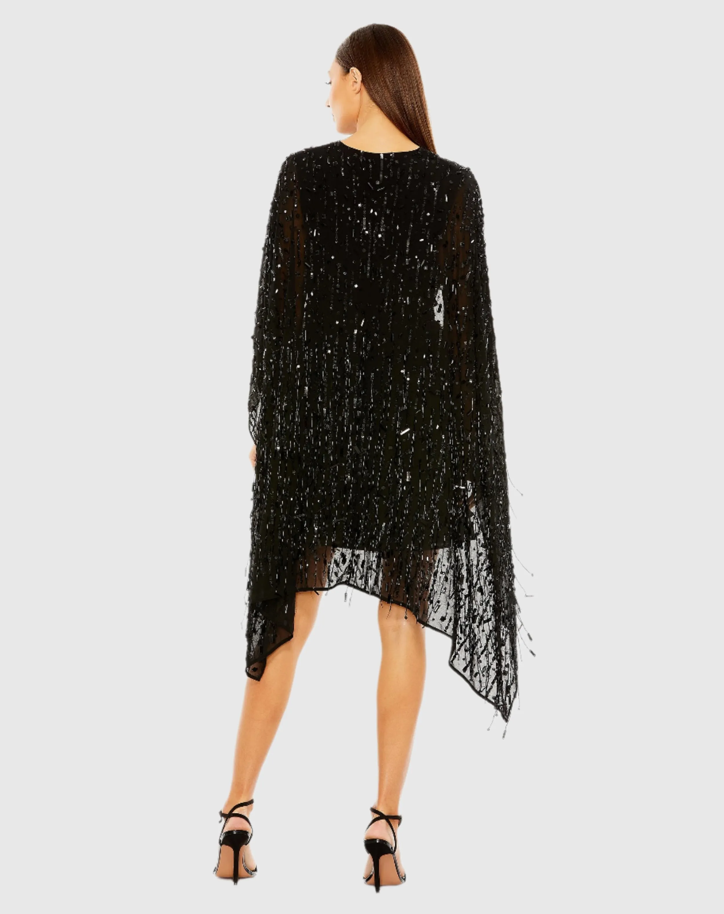 Black Cape Back Fringe Beaded Robe Dress sold by Mac Duggal product image thumbnail 3