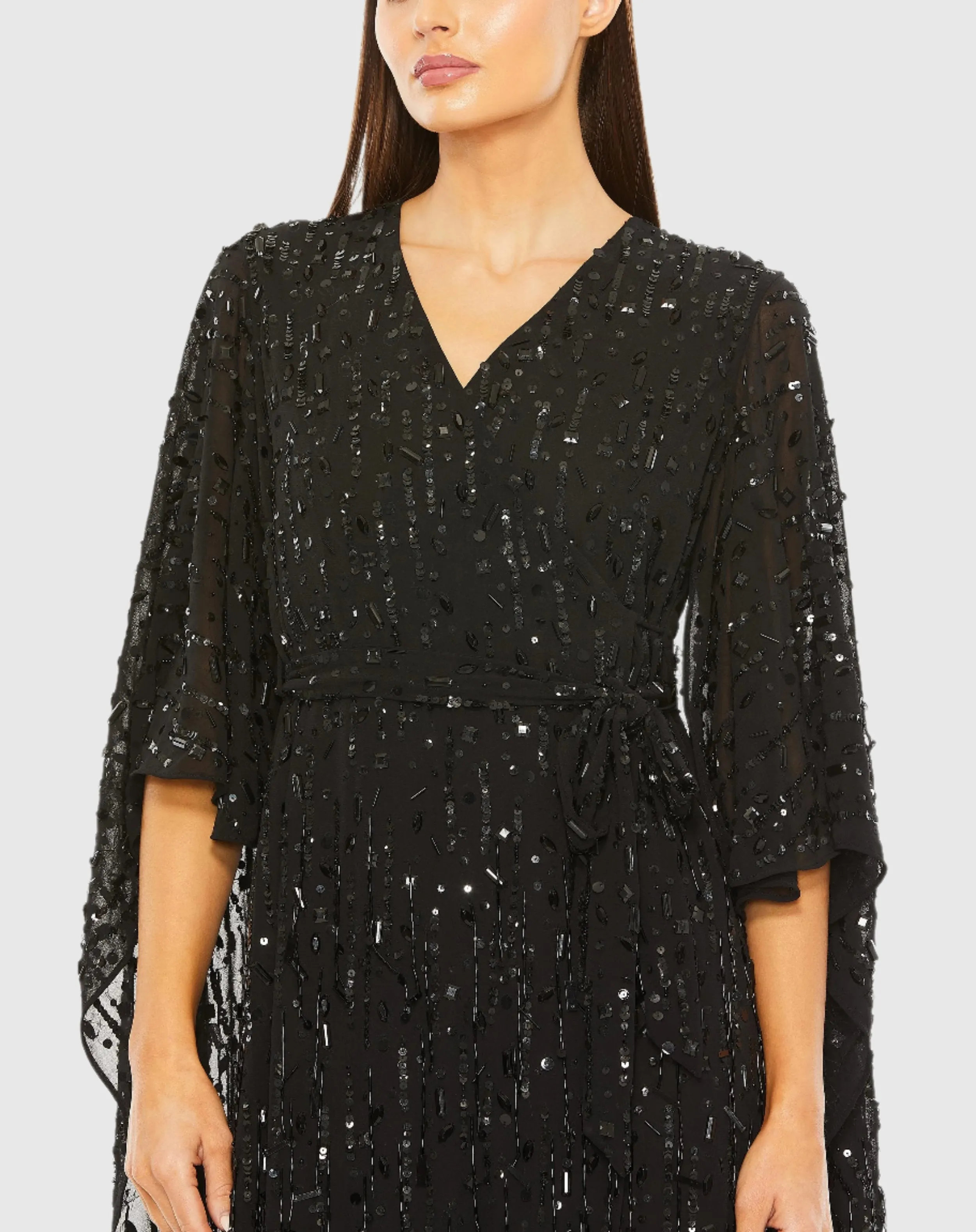 Black Cape Back Fringe Beaded Robe Dress sold by Mac Duggal product image thumbnail 2