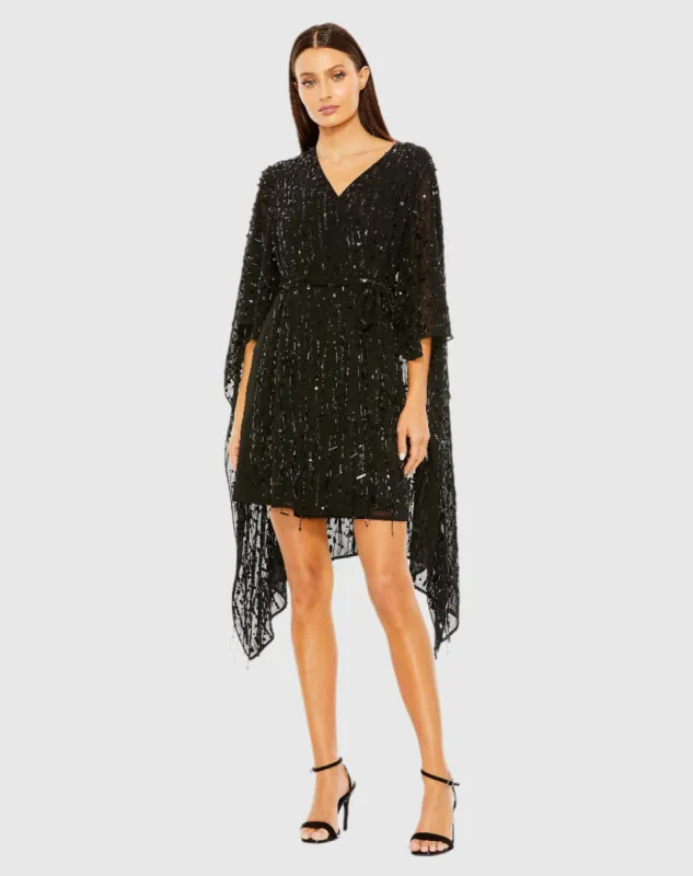 Black Cape Back Fringe Beaded Robe Dress sold by Mac Duggal