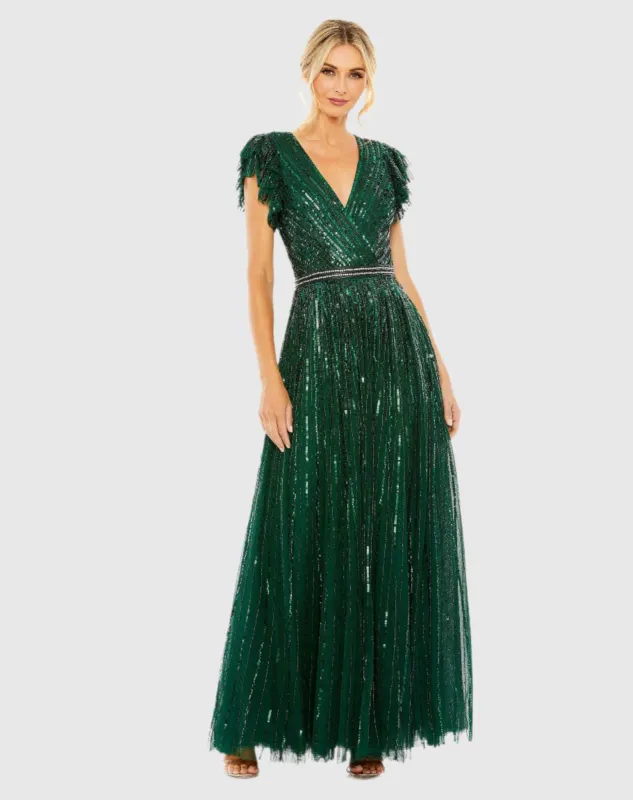 Dark Green Sequined Wrap Over Ruffled Cap Sleeve Gown made by Mac Duggal