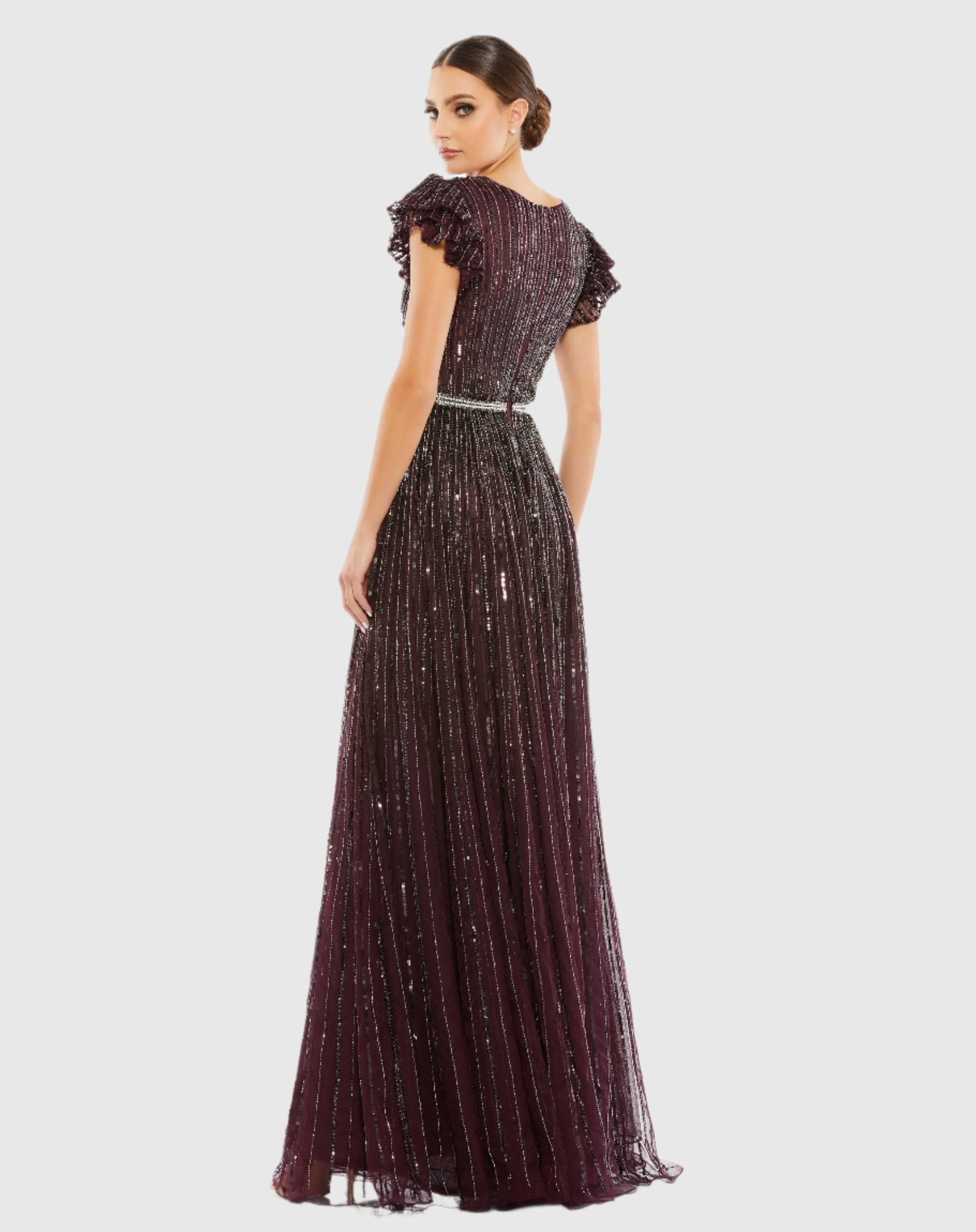 Dark Purple Sequined Wrap Over Ruffled Cap Sleeve Gown sold by Mac Duggal product image thumbnail 3