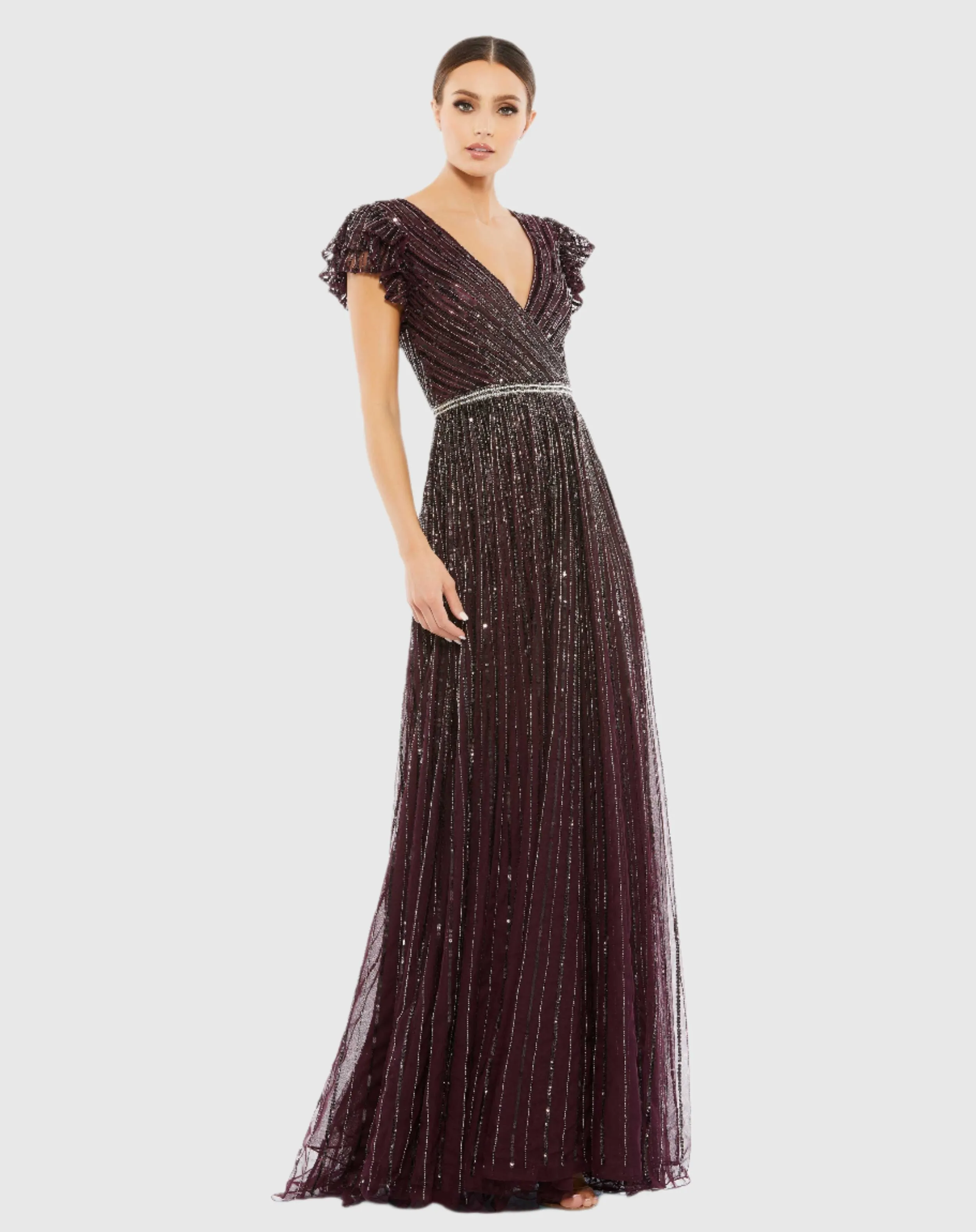 Dark Purple Sequined Wrap Over Ruffled Cap Sleeve Gown sold by Mac Duggal