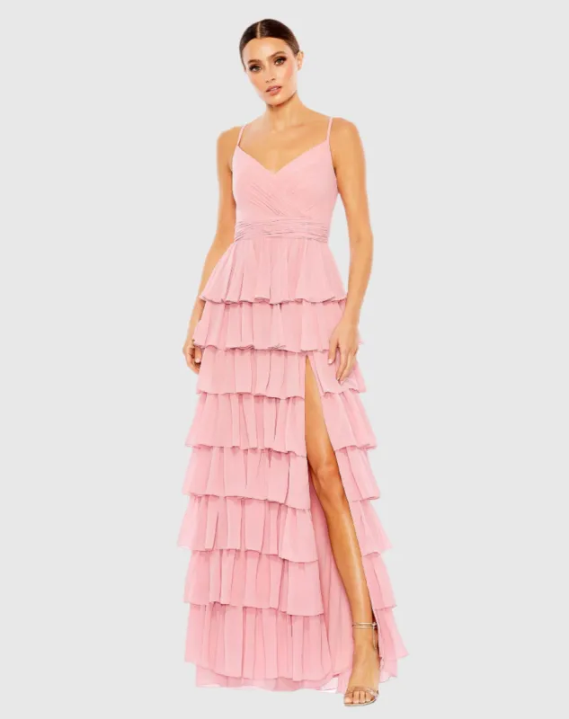 Pink V-Neck Sleeveless Gown with Ruffled Skirt sold by Mac Duggal