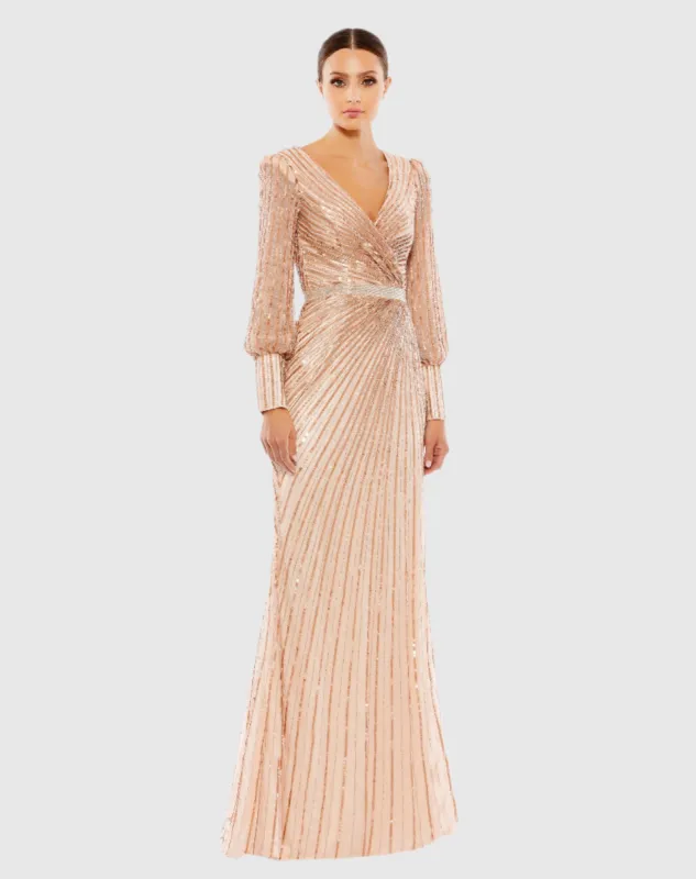 Pink Sequined Wrap Over Bishop Sleeve Gown sold by Mac Duggal
