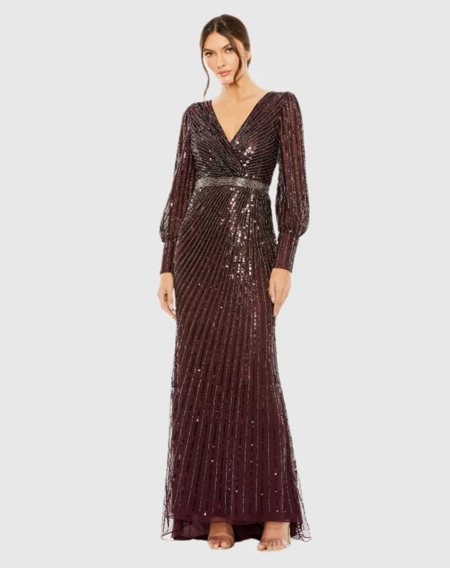 Red Sequined Wrap Over Bishop Sleeve Gown sold by Mac Duggal