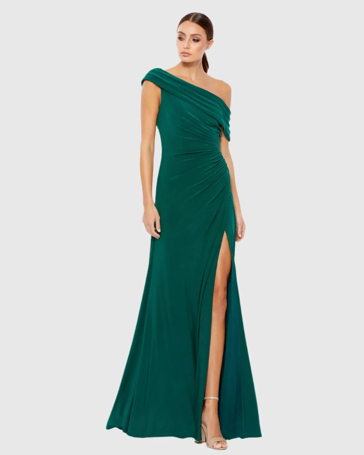 Dark Green Foldover Off-the-Shoulder Slit Gown sold by Mac Duggal