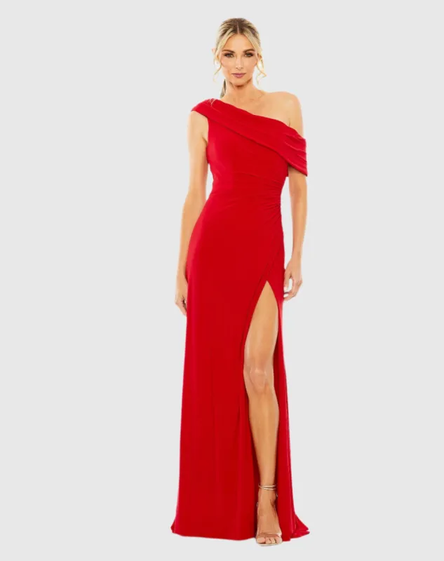 Red Foldover Off-the-Shoulder Slit Gown sold by Mac Duggal