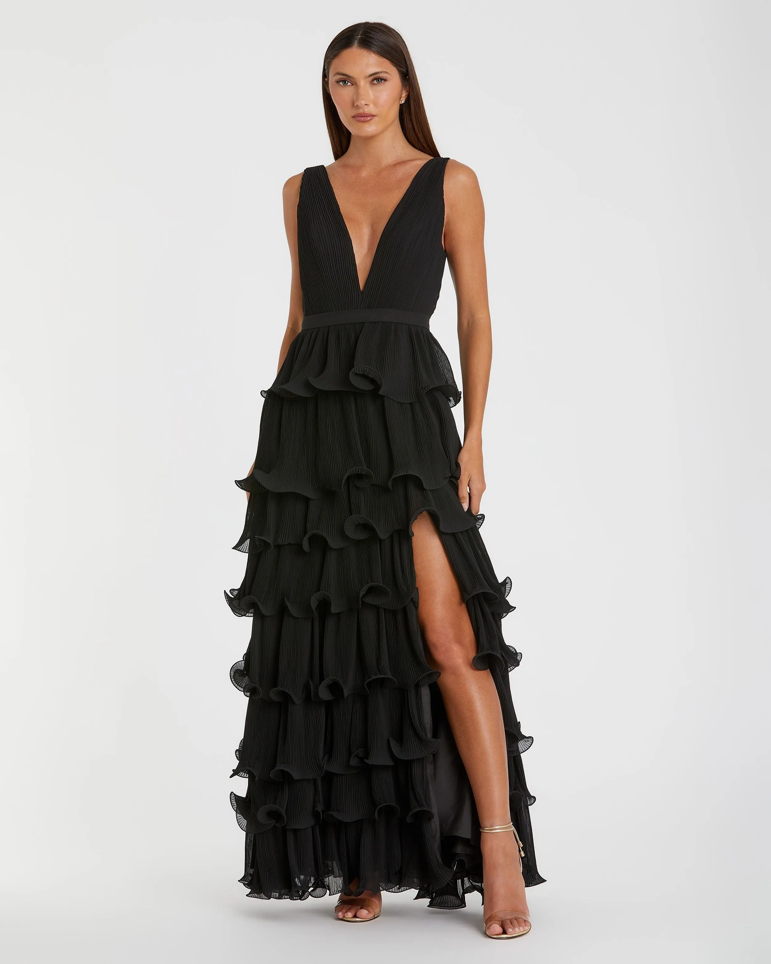 Black Sleeveless Ruffle Tiered V Neck Gown sold by Mac Duggal
