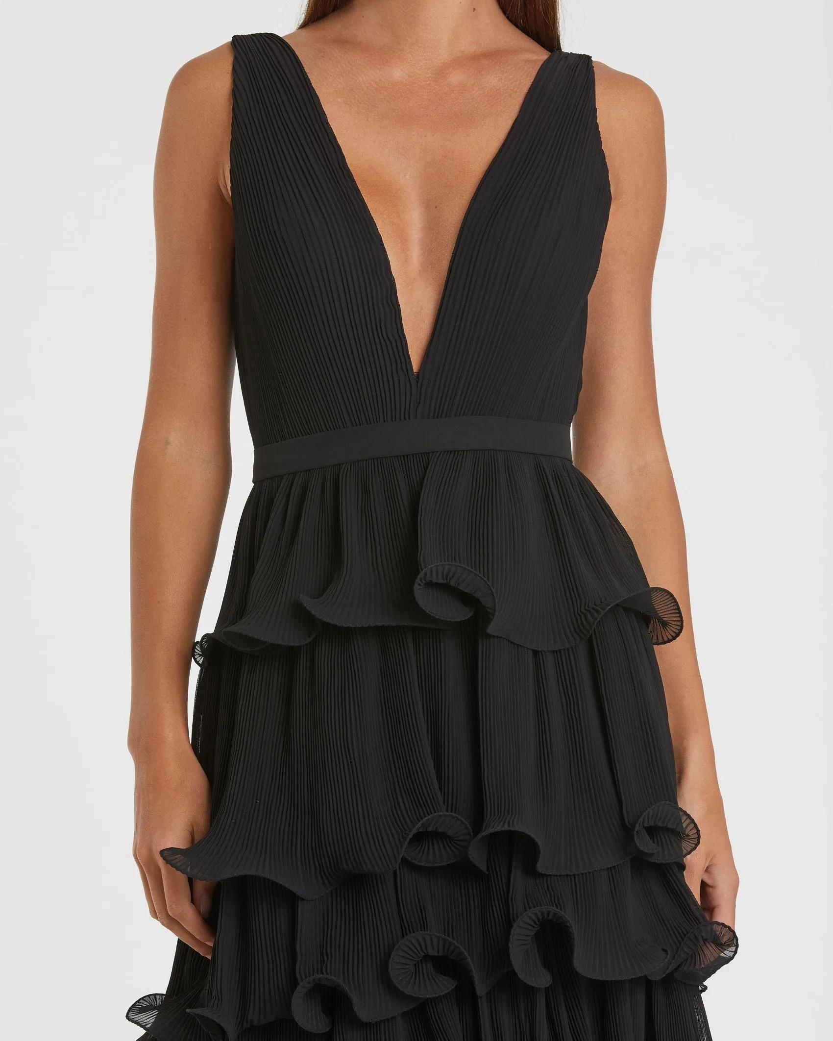 Black Sleeveless Ruffle Tiered V Neck Gown sold by Mac Duggal product image thumbnail 2