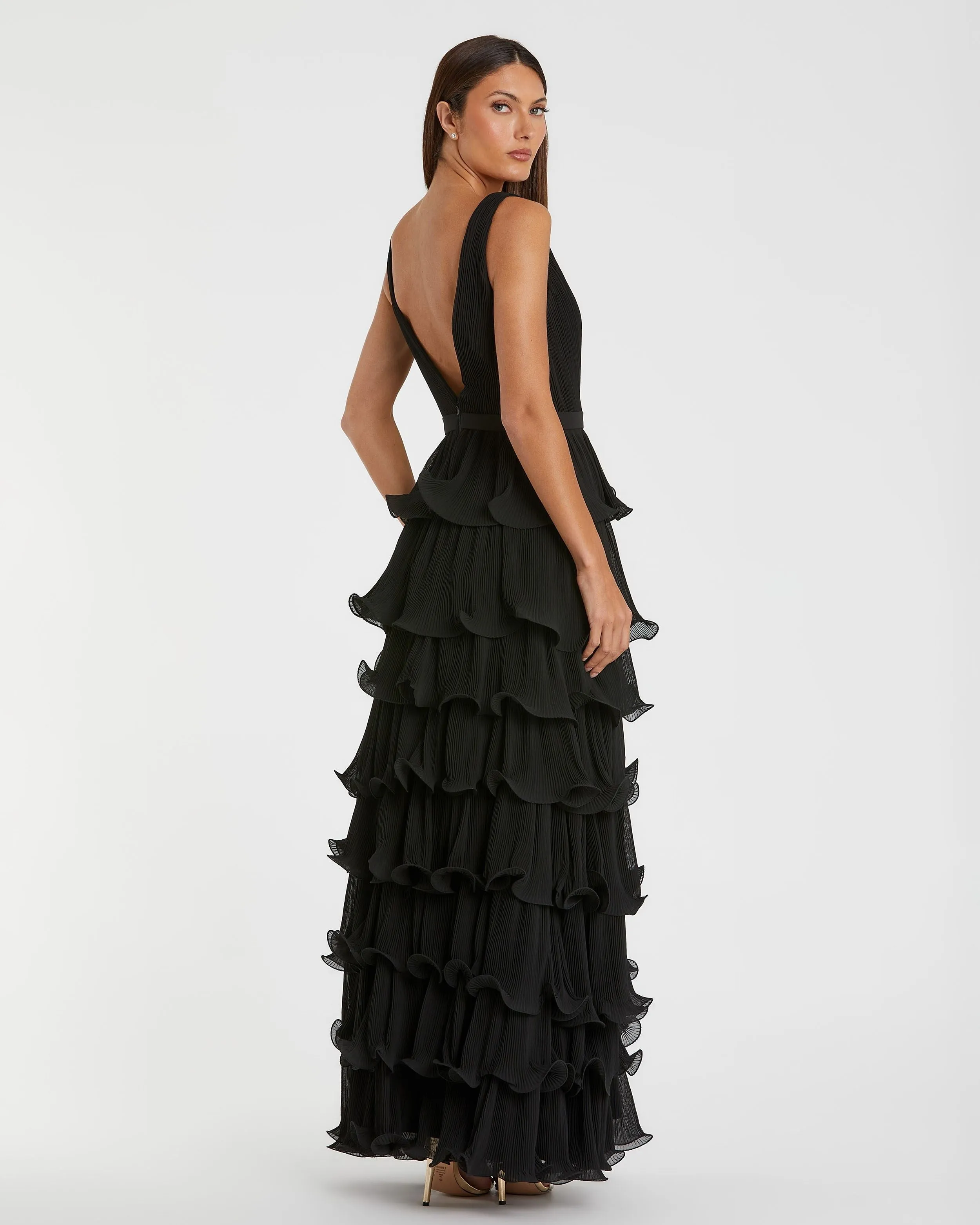 Black Sleeveless Ruffle Tiered V Neck Gown sold by Mac Duggal product image thumbnail 3