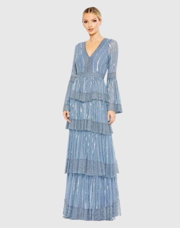 Blue Embellished Bell Sleeve Tiered Gown sold by Mac Duggal