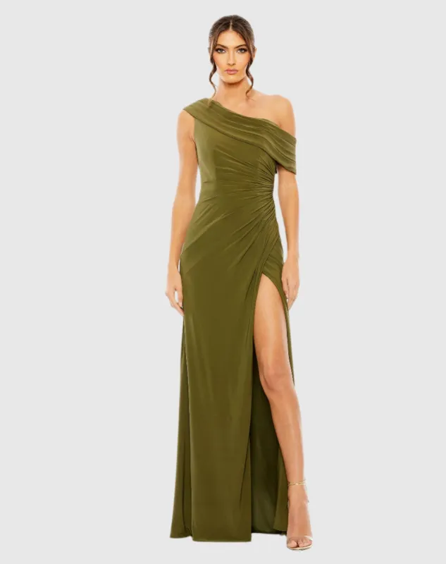 Green Foldover Off-the-Shoulder Slit Gown sold by Mac Duggal