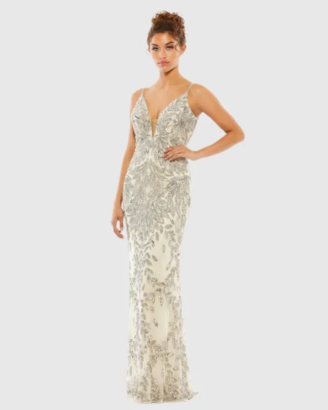 Silver Embellished Leaf Evening Gown sold by Mac Duggal