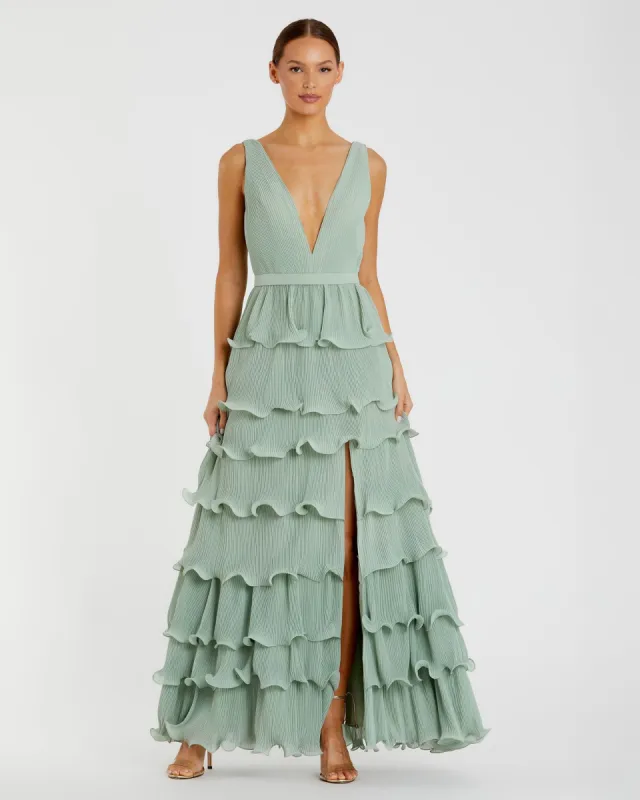 Green Sleeveless Ruffle Tiered V Neck Gown sold by Mac Duggal