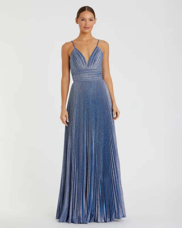 Blue Shimmer Pleated V-Neck Gown sold by Mac Duggal