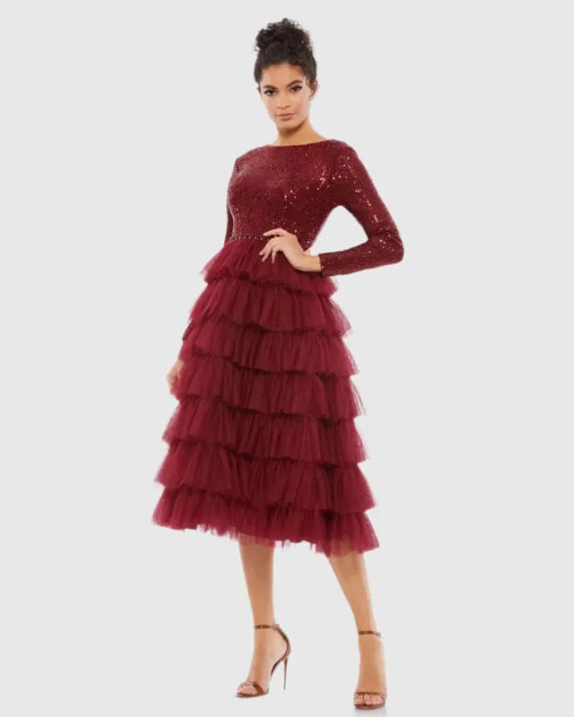 Red Long Sleeve Ruffle Tiered Midi Dress sold by Mac Duggal