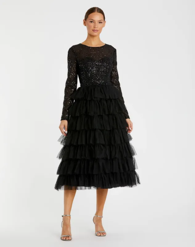 Black Long Sleeve Ruffle Tiered Midi Dress sold by Mac Duggal