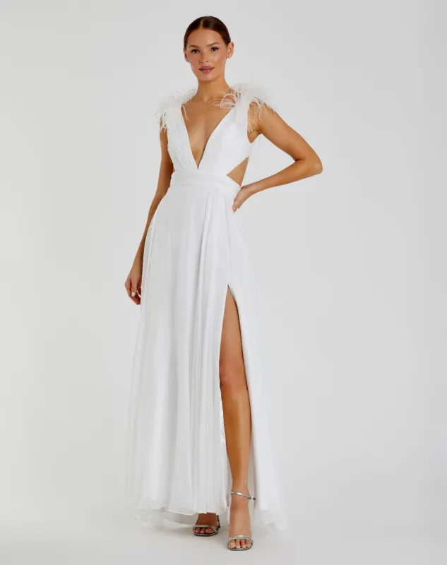 Plunge Ostrich Feather A Line Gown sold by Mac Duggal