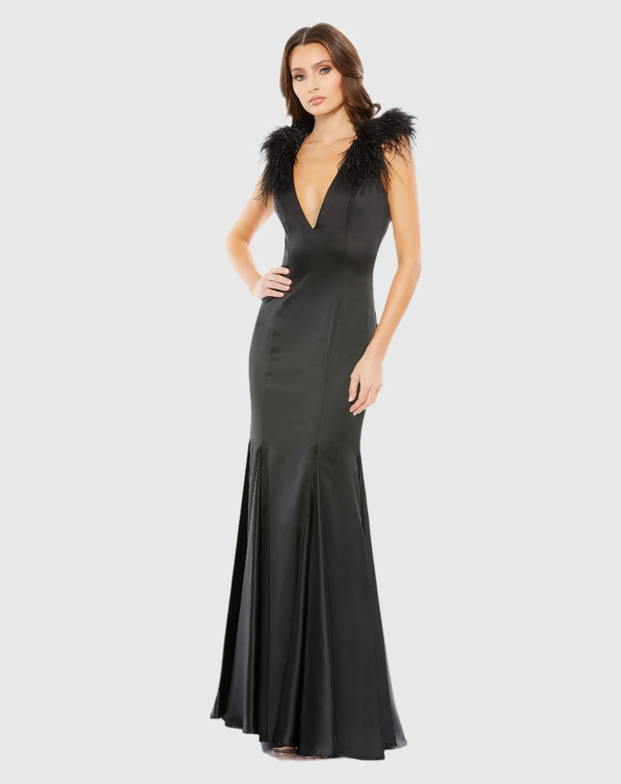 Feather Shoulder V-Neck Column Gown sold by Mac Duggal