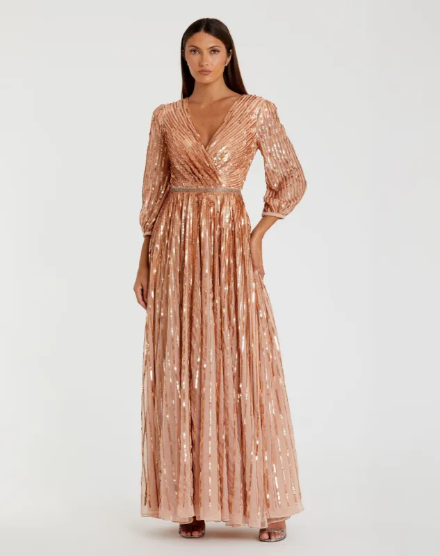 Sequined Wrap Over 3/4 Sleeve Gown sold by Mac Duggal