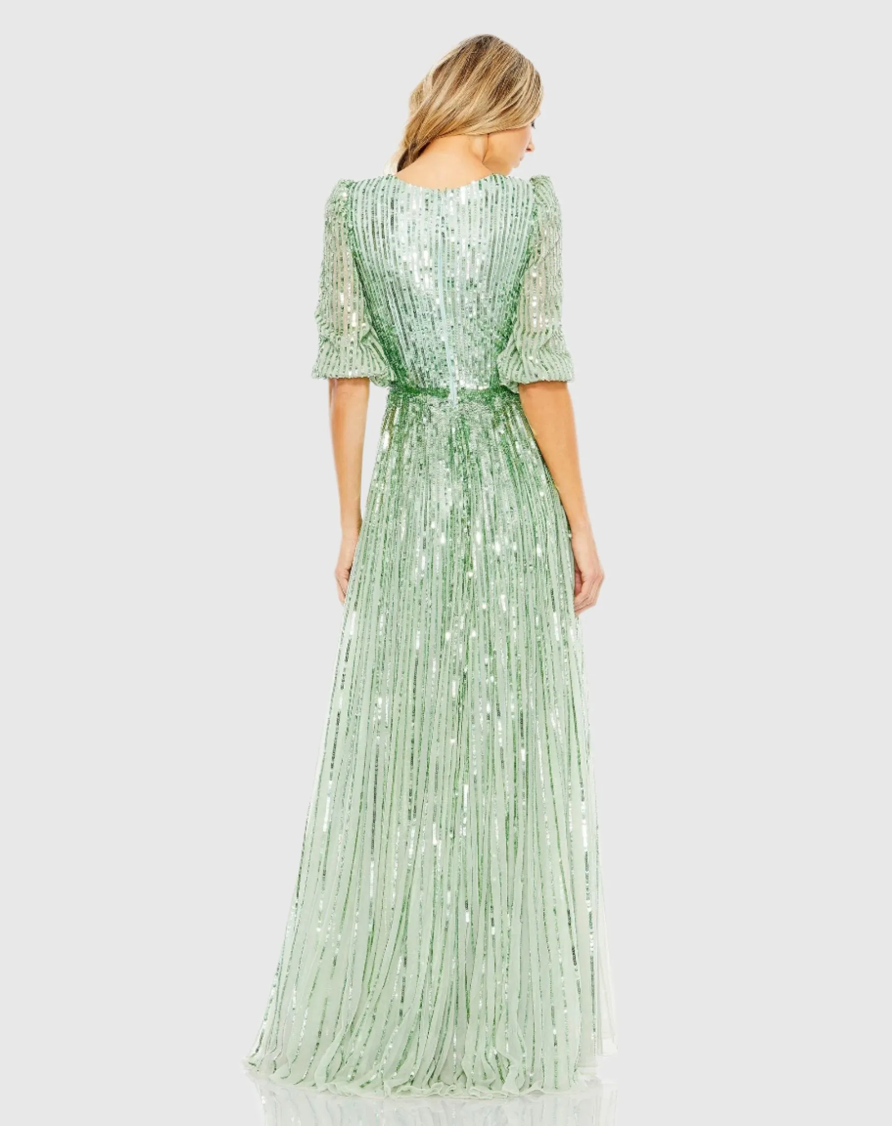 Green Sequined Wrap Over 3/4 Sleeve Gown sold by Mac Duggal product image thumbnail 3