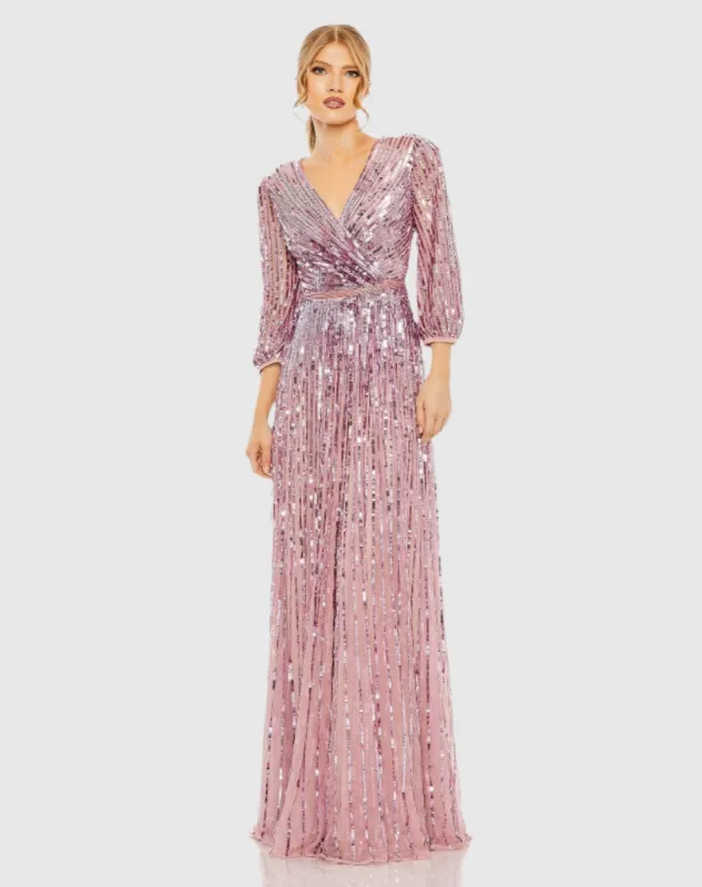 Purple Sequined Wrap Over 3/4 Sleeve Gown sold by Mac Duggal