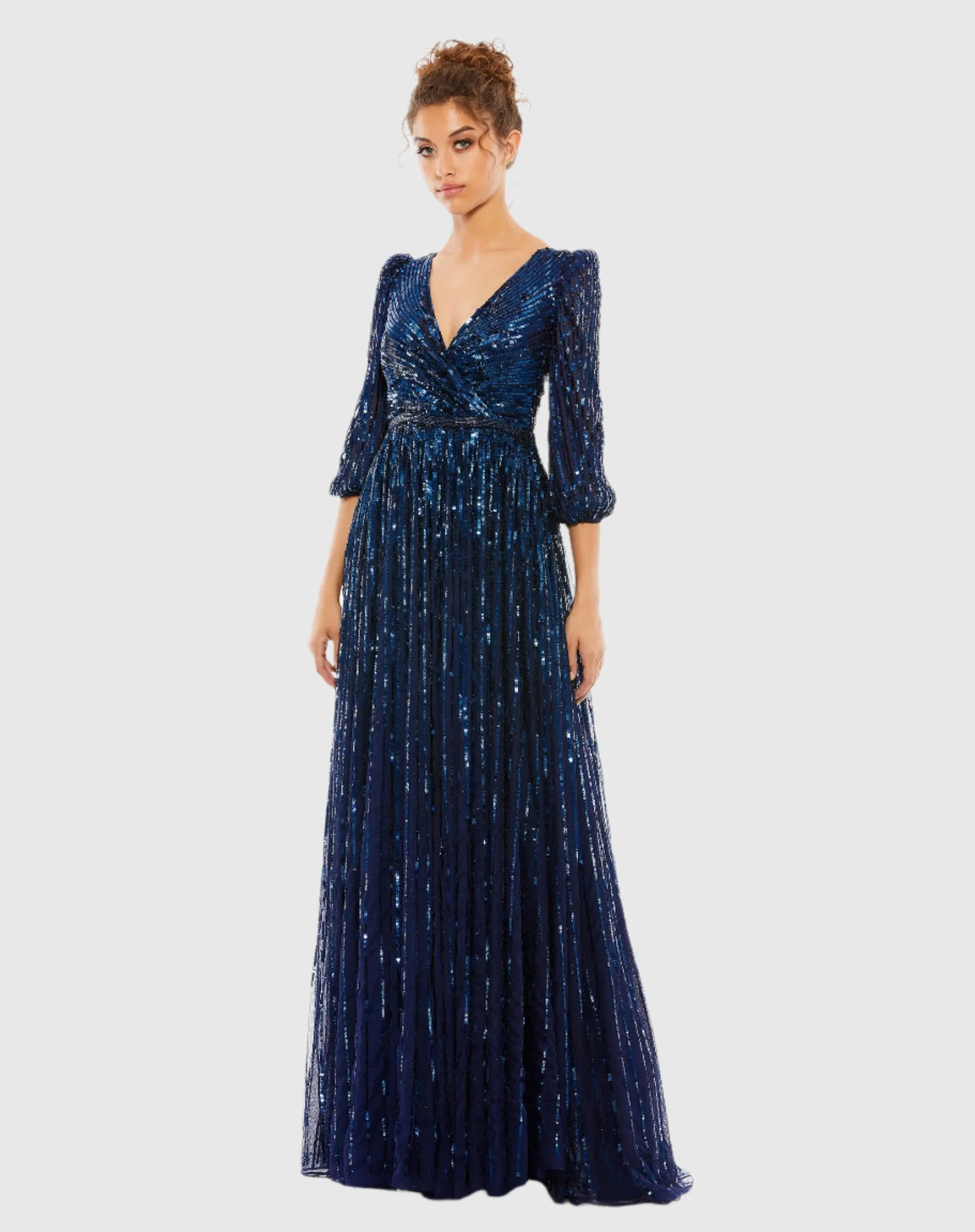 Navy Sequined Wrap Over 3/4 Sleeve Gown sold by Mac Duggal