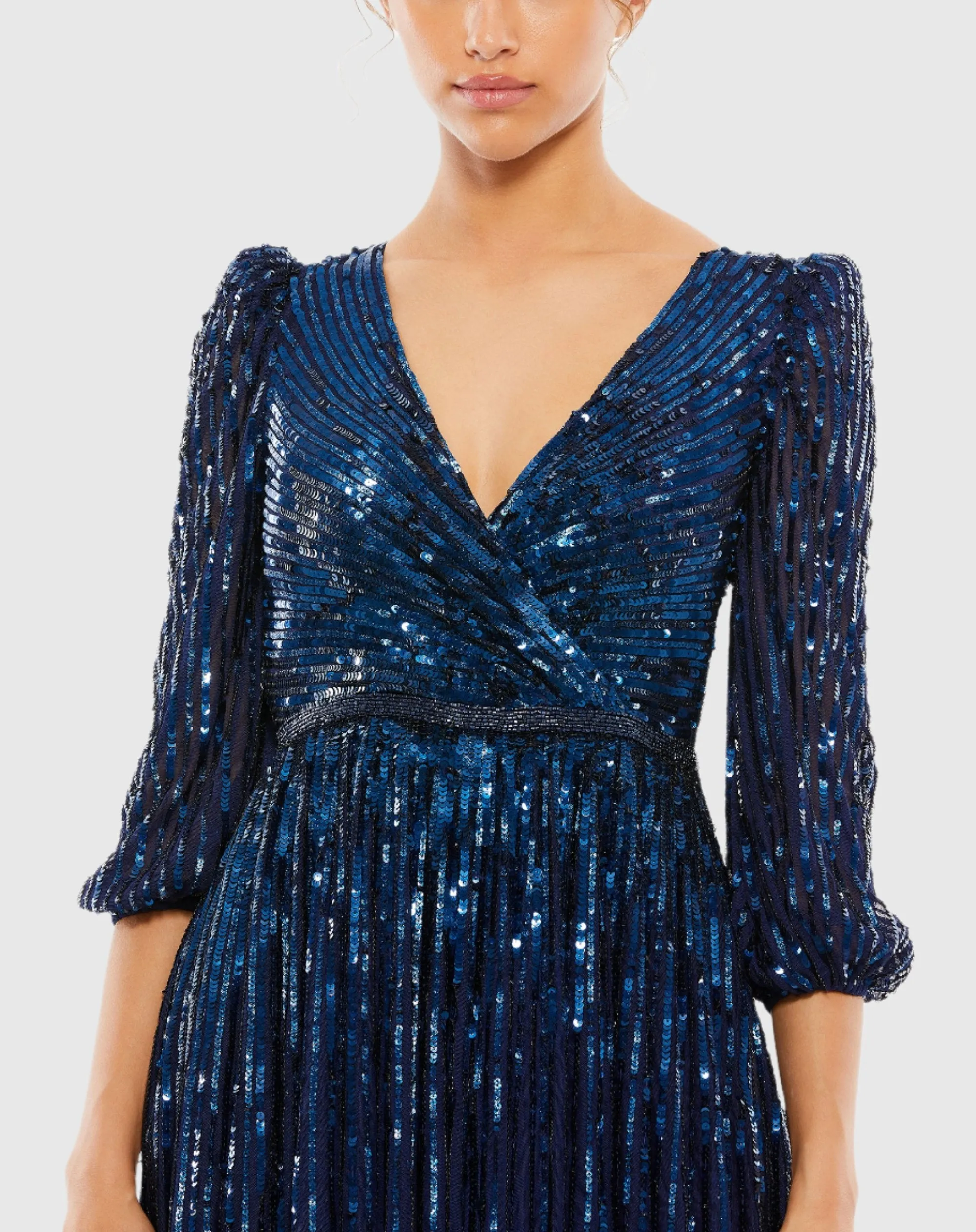 Navy Sequined Wrap Over 3/4 Sleeve Gown sold by Mac Duggal product image thumbnail 2