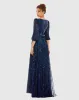 Navy Sequined Wrap Over 3/4 Sleeve Gown sold by Mac Duggal