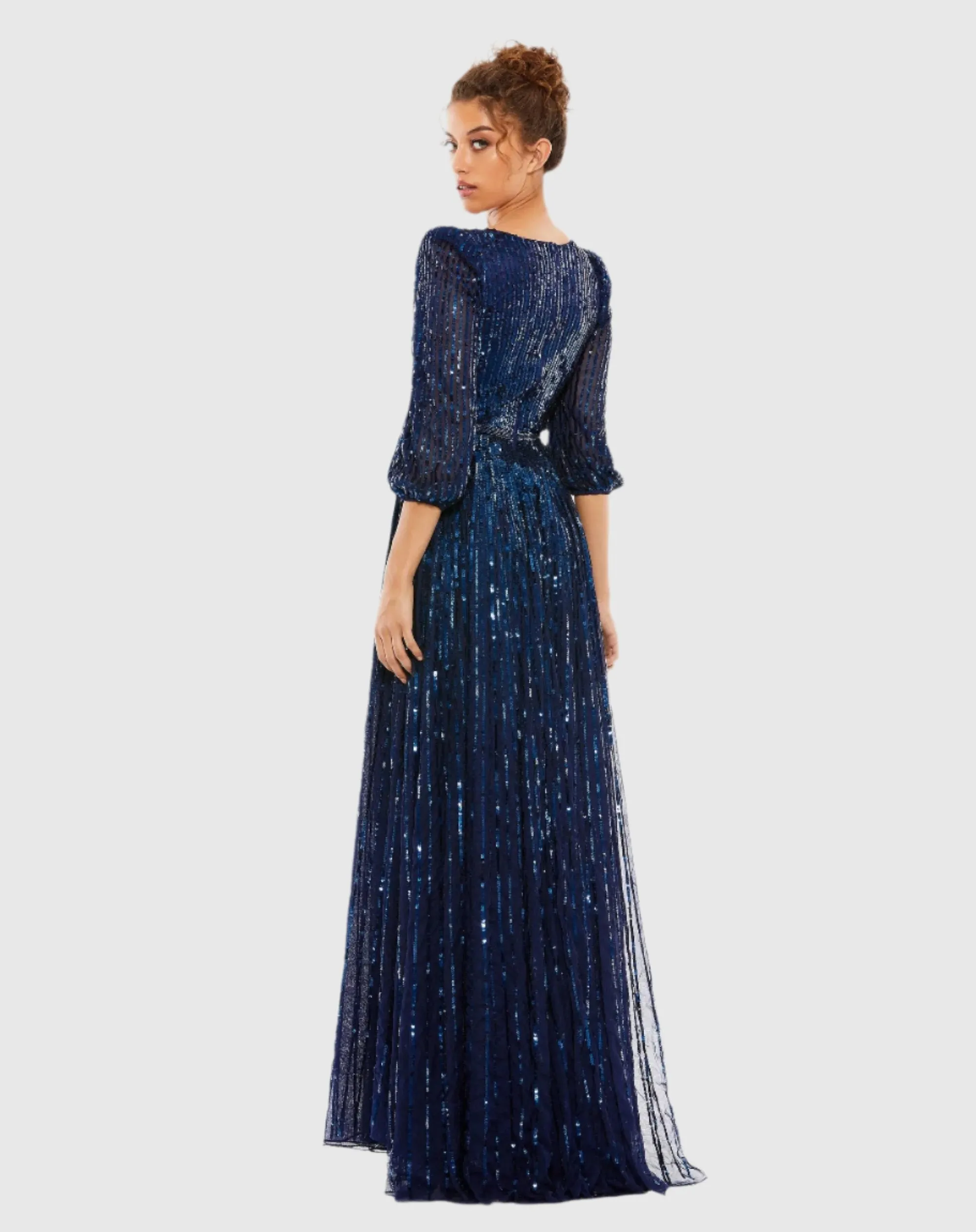 Navy Sequined Wrap Over 3/4 Sleeve Gown sold by Mac Duggal product image thumbnail 4