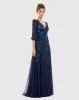 Navy Sequined Wrap Over 3/4 Sleeve Gown sold by Mac Duggal