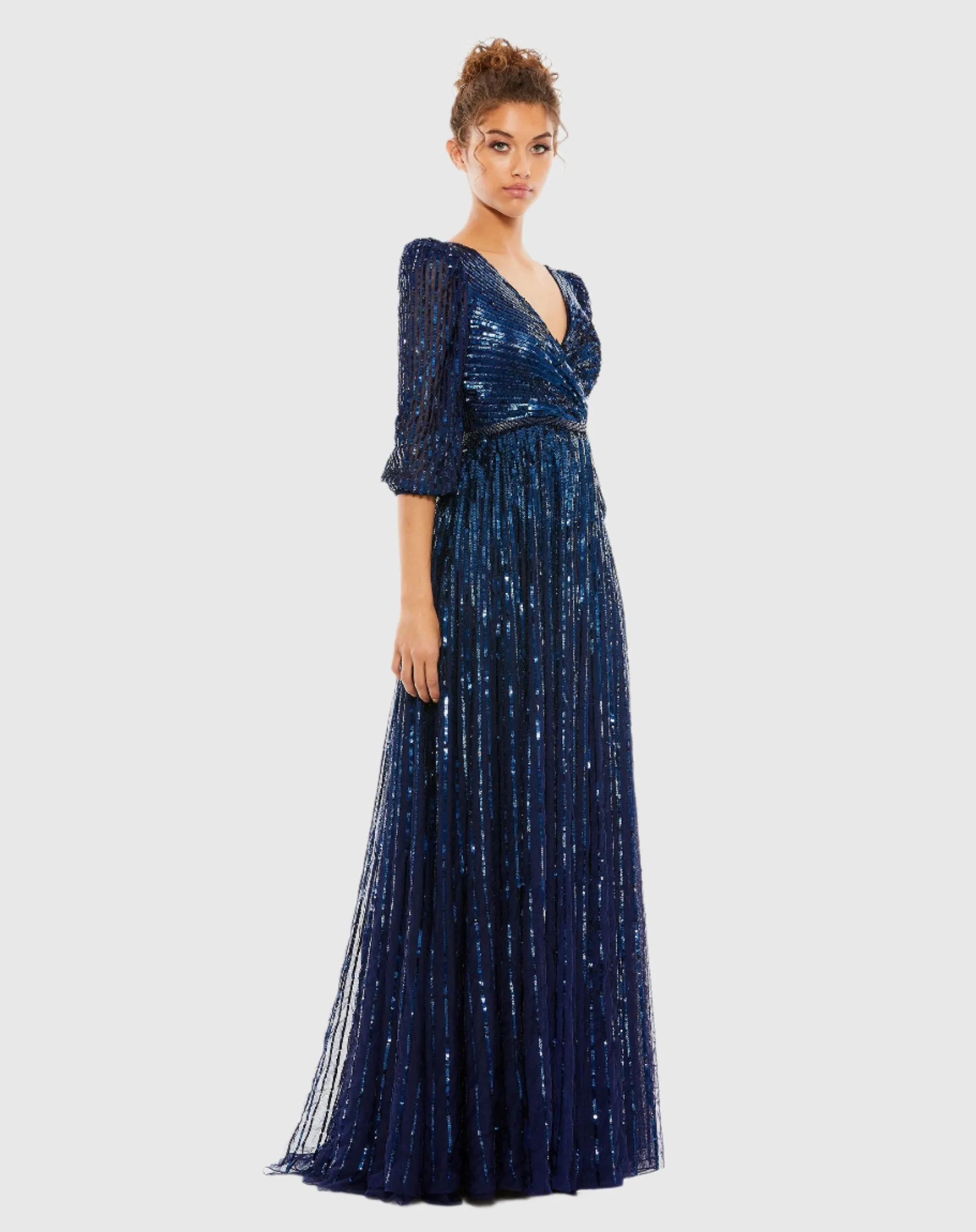 Navy Sequined Wrap Over 3/4 Sleeve Gown sold by Mac Duggal product image thumbnail 3