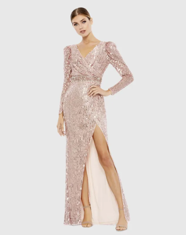 Sequin Puff Sleeve Surplice Gown sold by Mac Duggal