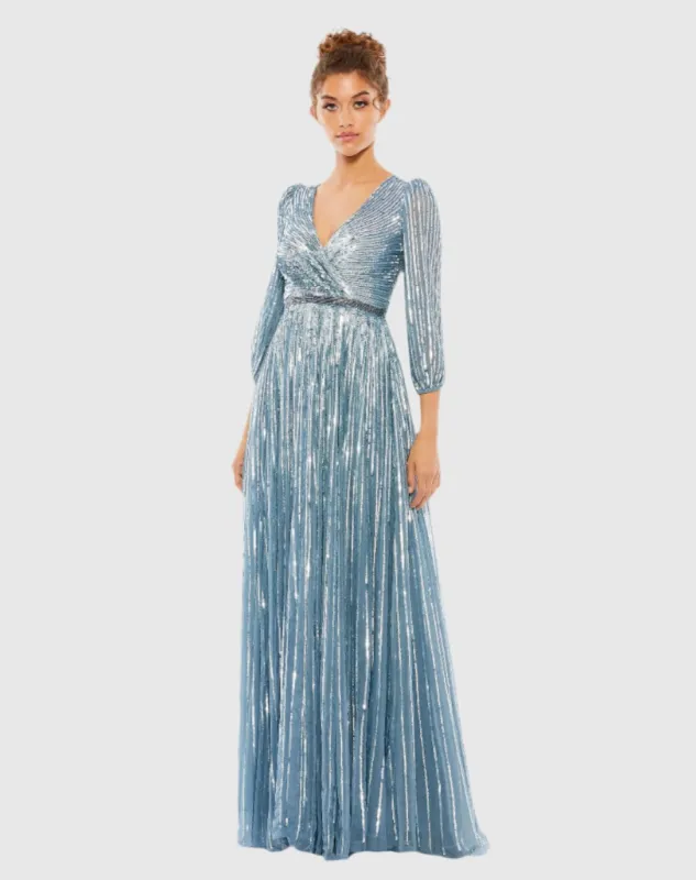 Blue Sequined Wrap Over 3/4 Sleeve Gown sold by Mac Duggal