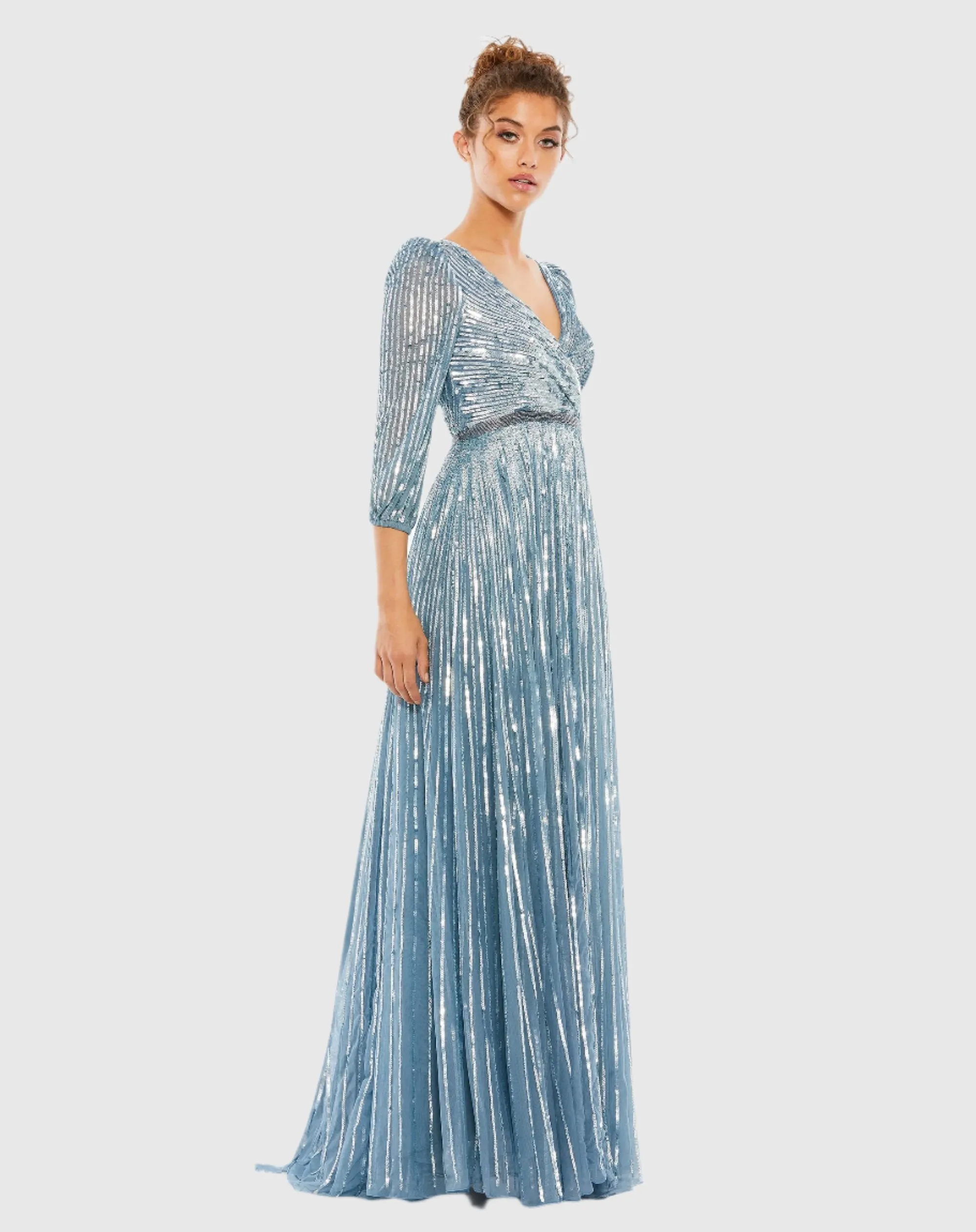 Blue Sequined Wrap Over 3/4 Sleeve Gown sold by Mac Duggal product image thumbnail 4
