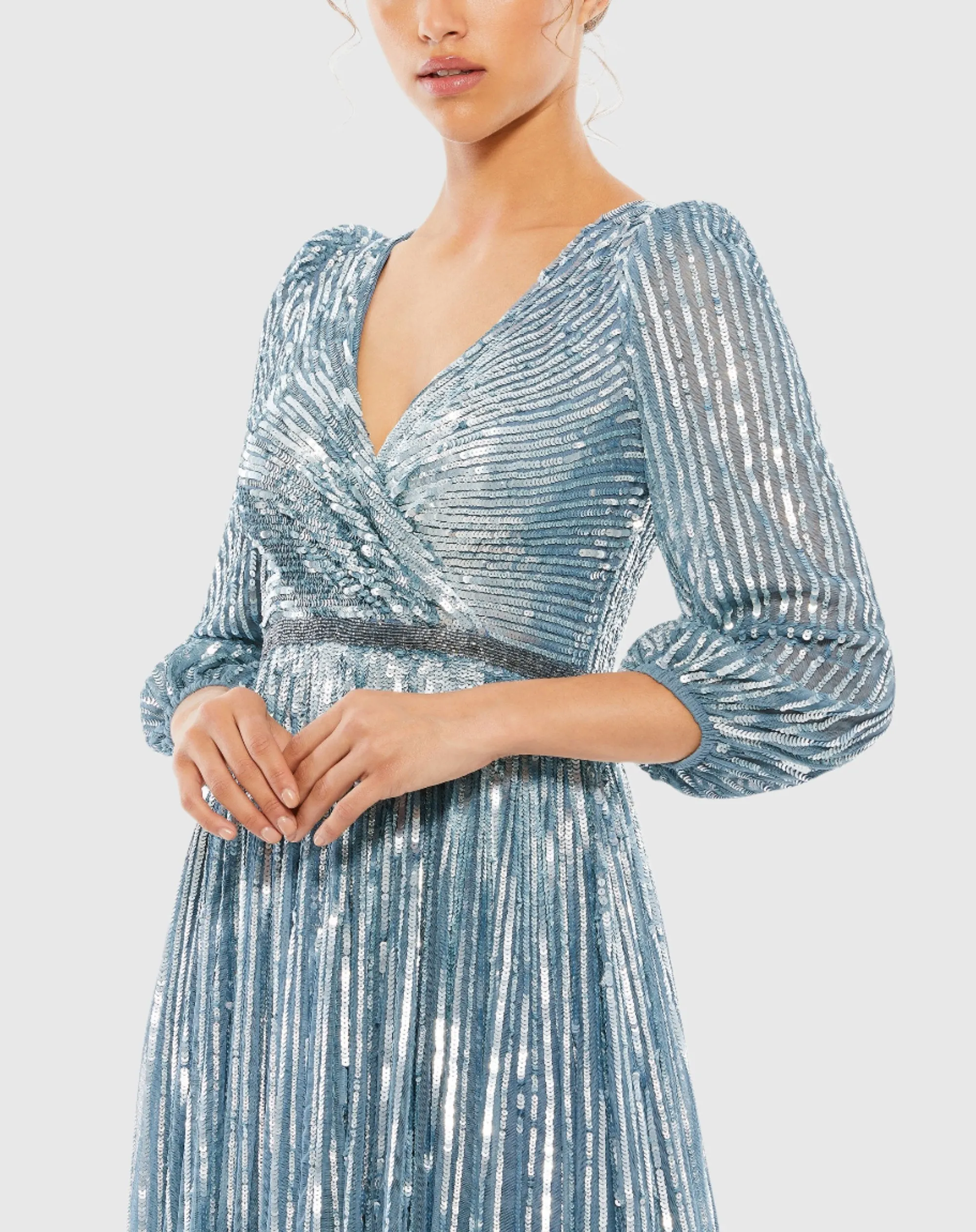 Blue Sequined Wrap Over 3/4 Sleeve Gown sold by Mac Duggal product image thumbnail 2
