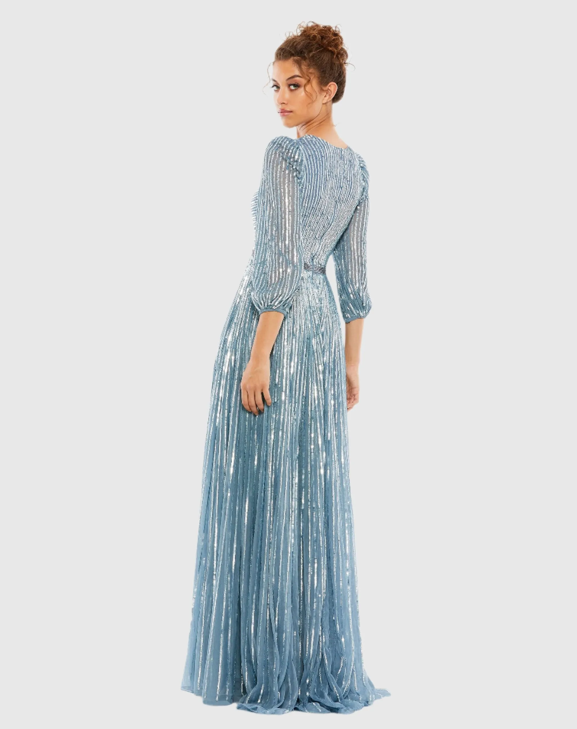 Blue Sequined Wrap Over 3/4 Sleeve Gown sold by Mac Duggal product image thumbnail 3