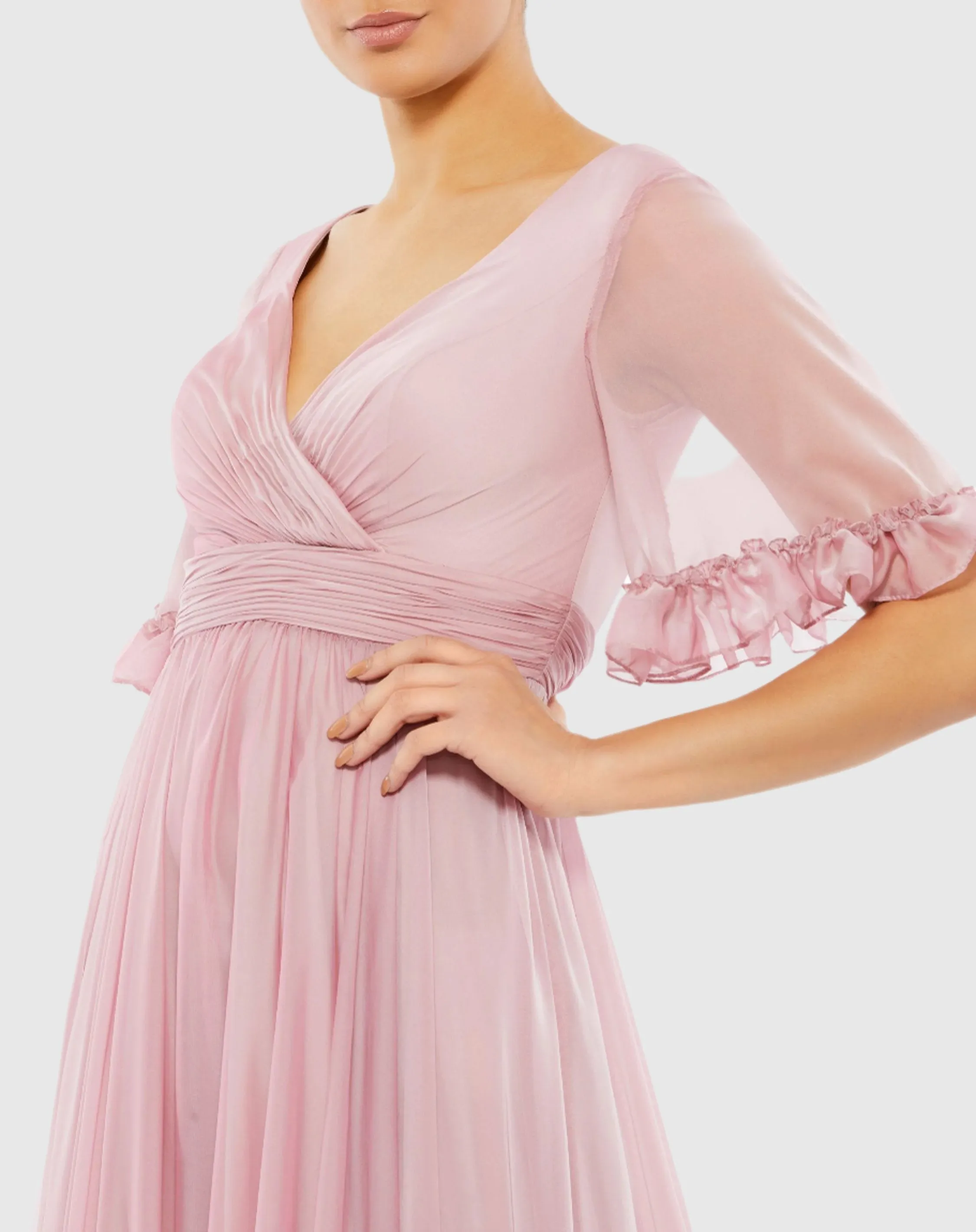 Pink Butterfly Ruffle Trimmed Sleeve Wrap Over Flowy Gown sold by Mac Duggal product image thumbnail 2