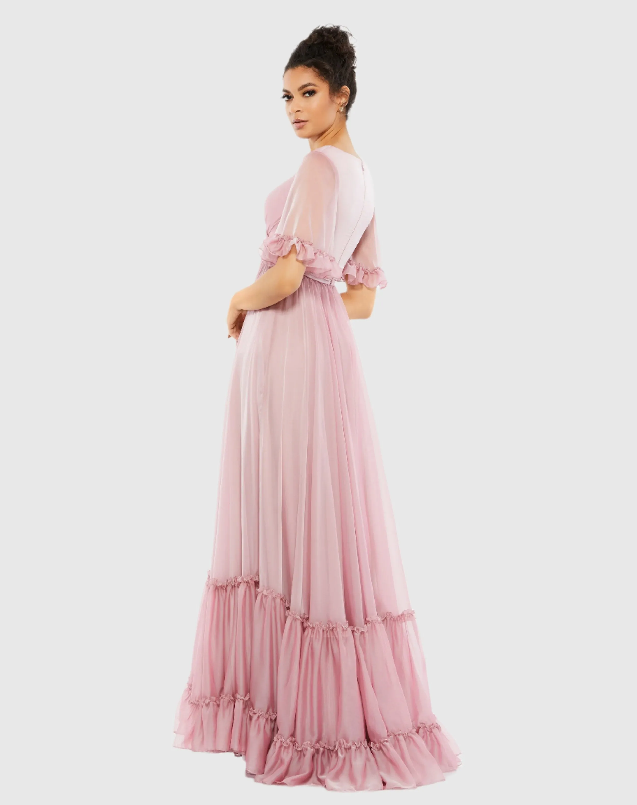 Pink Butterfly Ruffle Trimmed Sleeve Wrap Over Flowy Gown sold by Mac Duggal product image thumbnail 3