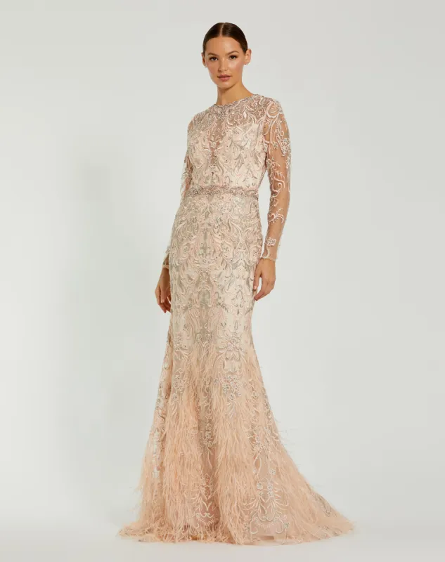 Pink Embroidered Illusion Long Sleeve Trumpet Gown sold by Mac Duggal